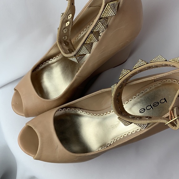 Bebe Nude Studded Ankle Strap Wedges - Picture 8 of 13